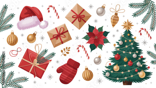 Christmas festive composition, decorated tree with gifts, Santa hat, candy canes, baubles, holiday vector illustration, seasonal celebration design