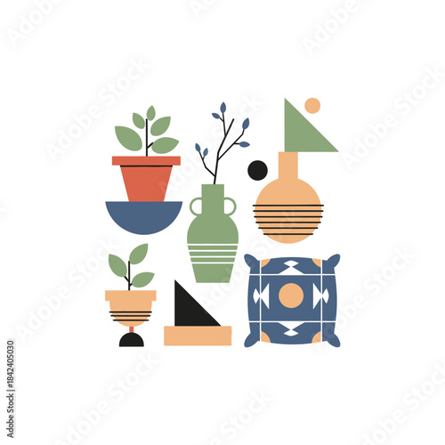 Geometric Still Life with Plants and Decorative Objects Illustration.