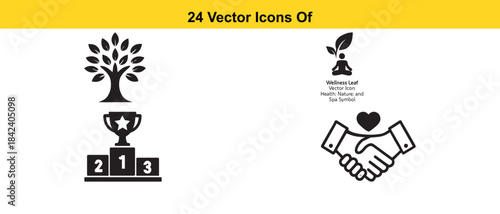 A collection of black vector icons depicting trees awards and handshakes