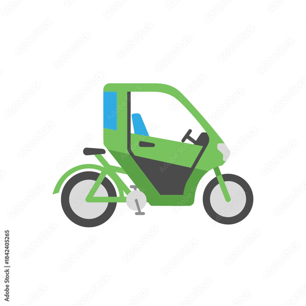 Fototapeta premium Green Enclosed Electric Bicycle with Door and Pedals.