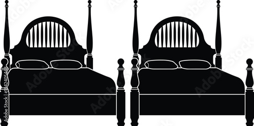 Vintage wooden poster beds silhouette illustration, classic bedroom furniture design, traditional antique bed frames, elegant home decor vector for interior and lifestyle concepts