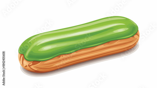 A green eclairs pastry on a white background with a brown bottom and shiny green glaze.