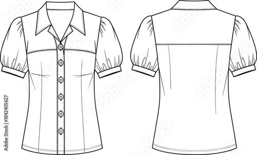 Women’s blouse technical sketch, front and back view, flat vector, cad drawing, fashion design, garment construction, sewing template, apparel illustration