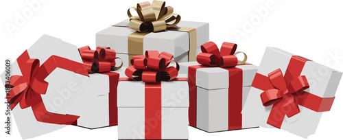 White gift boxes with red and gold ribbons, festive holiday presents arrangement, celebration background, Christmas packaging design, decorative wrapped gifts illustration