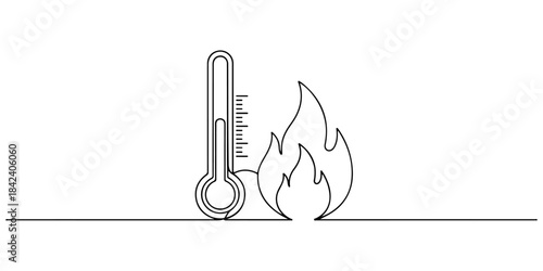 Continuous one line of a thermometer and flame symbol, heat hazard safety theme, hand drawn vector illustration.