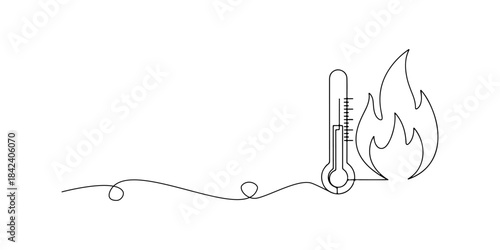 Continuous one line of a thermometer and flame symbol, heat hazard safety theme, hand drawn vector illustration.