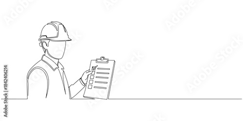 Continuous one line of a hard hat worker holding a checklist, safety inspection theme, hand drawn vector illustration.