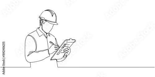 Continuous one line of a hard hat worker holding a checklist, safety inspection theme, hand drawn vector illustration.