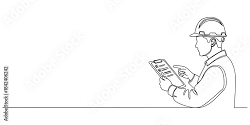 Continuous one line of a hard hat worker holding a checklist, safety inspection theme, hand drawn vector illustration.