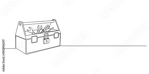 Continuous one line of a secure toolbox, equipment safety theme, hand drawn vector illustration.
