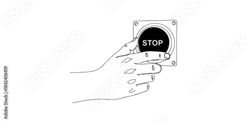 Continuous one line of a hand pressing an emergency stop button, machine safety theme, hand drawn vector illustration.