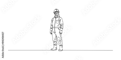 Continuous one line of a worker wearing full PPE silhouette, comprehensive protection theme, hand drawn vector illustration.