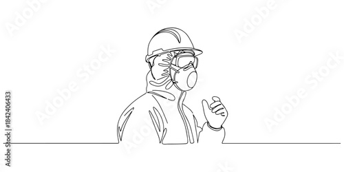 Continuous one line of a worker wearing full PPE silhouette, comprehensive protection theme, hand drawn vector illustration.