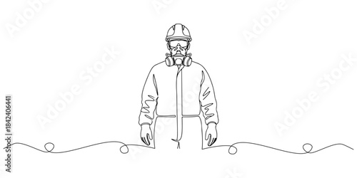 Continuous one line of a worker wearing full PPE silhouette, comprehensive protection theme, hand drawn vector illustration.