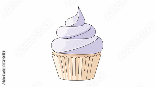 Digital illustration of a cupcake with light purple frosting in a beige wrapper on a white background.