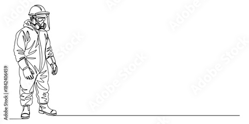 Continuous one line of a worker wearing full PPE silhouette, comprehensive protection theme, hand drawn vector illustration.