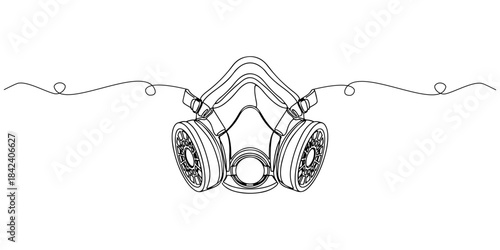 Continuous one line of a respirator mask, air hazard protection theme, hand drawn vector illustration.