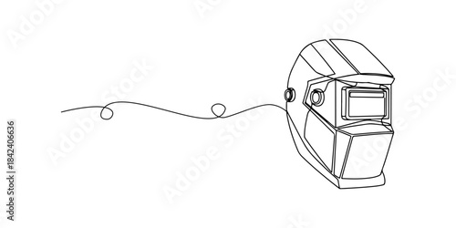 Continuous one line of a welding mask with bold geometric lines, industrial eye and face protection theme, hand drawn vector illustration.
