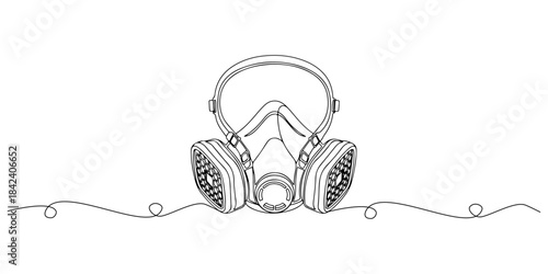 Continuous one line of a respirator mask, air hazard protection theme, hand drawn vector illustration.