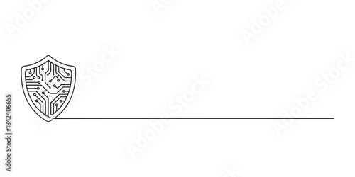 Continuous one line of a shield icon representing cyber safety at work, digital protection theme, hand drawn vector illustration.