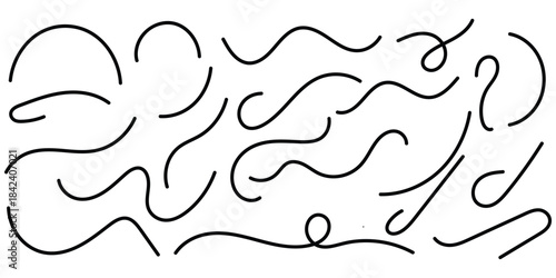 Black swirling lines on a white background forming abstract shapes and patterns