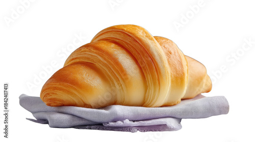 Fresh and Flaky Croissant on Purple Napkin Isolated on White Background