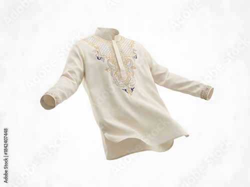 Malay Traditional Baju Koko Floating on White Background. Ramadan Clothing