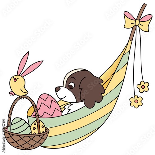 Cute SVG of a Loving American Water Spaniel in Springtime Joy colors, featuring in a hammock in a Easter setting