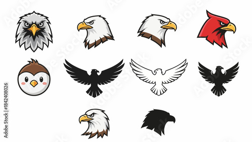 Eagle and Bird Icon Collection: A diverse collection of stylized eagle and bird icons, featuring various poses and cartoon styles, perfect for graphic design and branding elements.