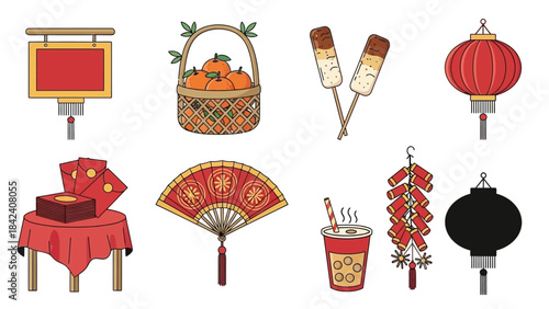 Festive Celebration Items: A collection of vibrant icons representing elements of joy and celebration, each detail meticulously crafted. A vibrant depiction of cultural artifacts comes to life. 