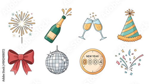 Festive New Year Symbols: A vibrant array of festive symbols, including fireworks, champagne, champagne glasses, party hat, bow, disco ball, and countdown timer.