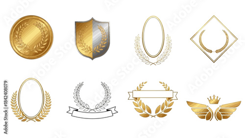 Golden Emblems: A collection of meticulously crafted emblems, each radiating a sense of prestige and quality. They range from shields, ovals, and squares adorned with laurel wreaths. 