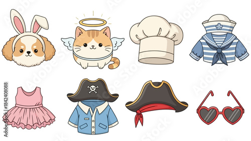 Costume assortment: A variety of cute costumes. A celebration of whimsical style and playfulness, featuring a bunny, an angel, chef hat, sailor suit, ballerina dress, pirate hat and sunglasses. 
