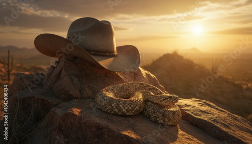 Cowboy hat and coiled diamondback rattlesnake rest atop sunlit desert rocks, evoking the rugged wilderness and danger of the American Southwest