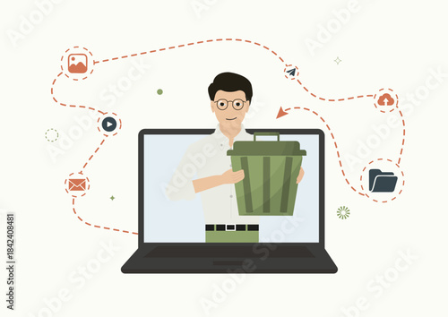 Man doing digital cleanup on laptop. Flat digital cleanup concept with man holding trash bin and file icons connected by dashed line, ideal for tutorials or tech campaigns. Vector illustration