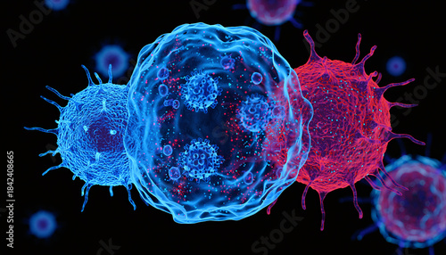 Cancer Cell and Immunotherapy - T-Cells attacking cancer cells in photorealistic microscopic immunotherapy illustration