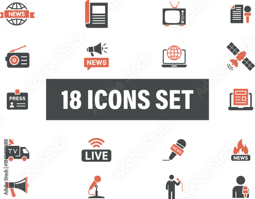 News and media communication flat icons set, broadcasting symbols. including broadcasting, 
reporting, journalism, live stream, and communication
