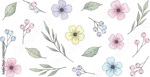 Delicate floral arrangement with berries and leaves on transparent background