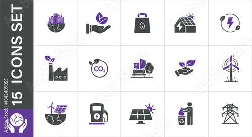 Sustainable environment, renewable energy & ecology icons set. Set of eco-friendly icons. 
Includes solar power, wind turbines, recycling, and green city concepts