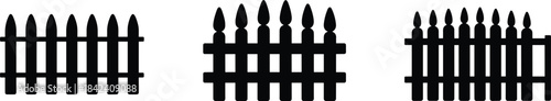 Black picket fence silhouette set, minimalist garden and yard boundary icons, simple wooden fence shapes for landscape and property design