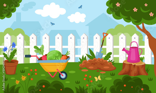 Spring garden landscape. Summer flower design. Cartoon botanical, plant pot. Agriculture fence. Grass backyard. Rural farm scenery. Wheelbarrow vegetable harvest. Vector tidy nature isolated concept