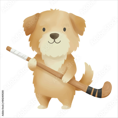 Cute watercolor dog holding hockey stick vector on white background
