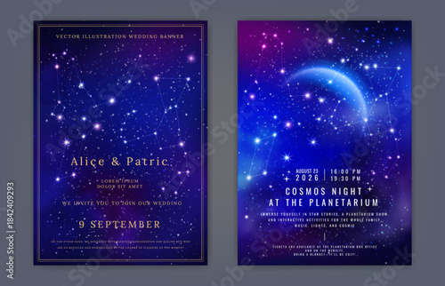 Astronomy background. Night sky. Cosmic galaxy. Starry space banner. Glittering stardust frame. Magic luxury design. Planetarium event. Wedding invitation template. Vector romantic shimmer posters set