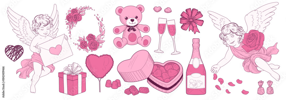 Fototapeta premium Valentines Day hand drawing. Doodle Cupid, heart, Cherub. Tattoo love angel. Watercolour bow, arrow, chocolate sweets and botanical frame decor. Wedding icon ribbon. Baby on cloud. Vector isolated set