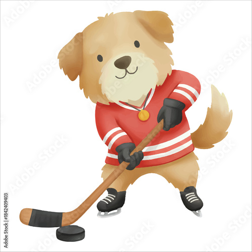 Cute watercolor dog playing ice hockey hitting puck vector on white background
