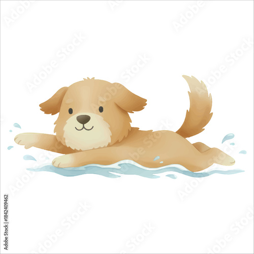 Cute watercolor dog swimming freestyle vector on white background

