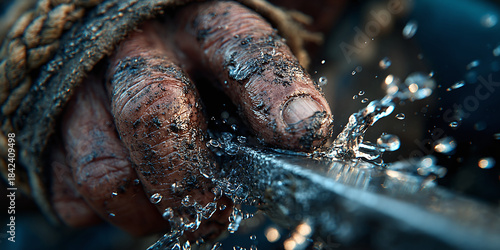 Wallpaper Mural Close-up of a weathered hand rinsing dirt and grime off a blade in water, symbolizing purification and preparation Torontodigital.ca