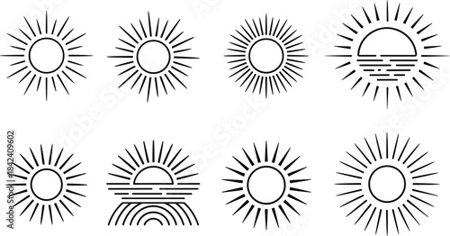 Minimal sunburst and radial line icon set, abstract geometric rays, vintage starburst elements for branding, logo design, and graphic decoration