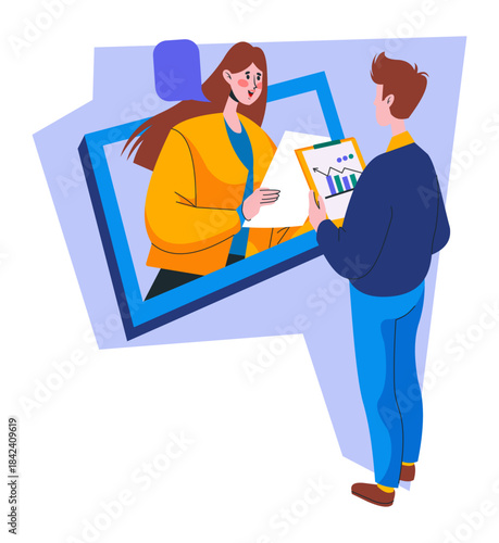 Online presentation. video call meeting, freelance worker talk with partners, woman on computer screen, people communication. Internet conference. Vector cartoon flat style isolated illustration