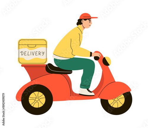 Food express delivery. Man on scooter rides, courier on motorbike. Logistic and product transportation concept. Deliveryman on moped. Takeaway meal. Vector cartoon flat style isolated illustration